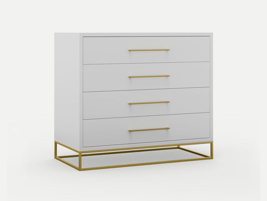 Chest of DrawersAdd a touch of luxury to your home with our Glossy Wood Chest of Drawers. Featuring a glossy white finish and gold accents, this chest boasts four drawers for ample Luxe Living InteriorsGlossy Wood Chest